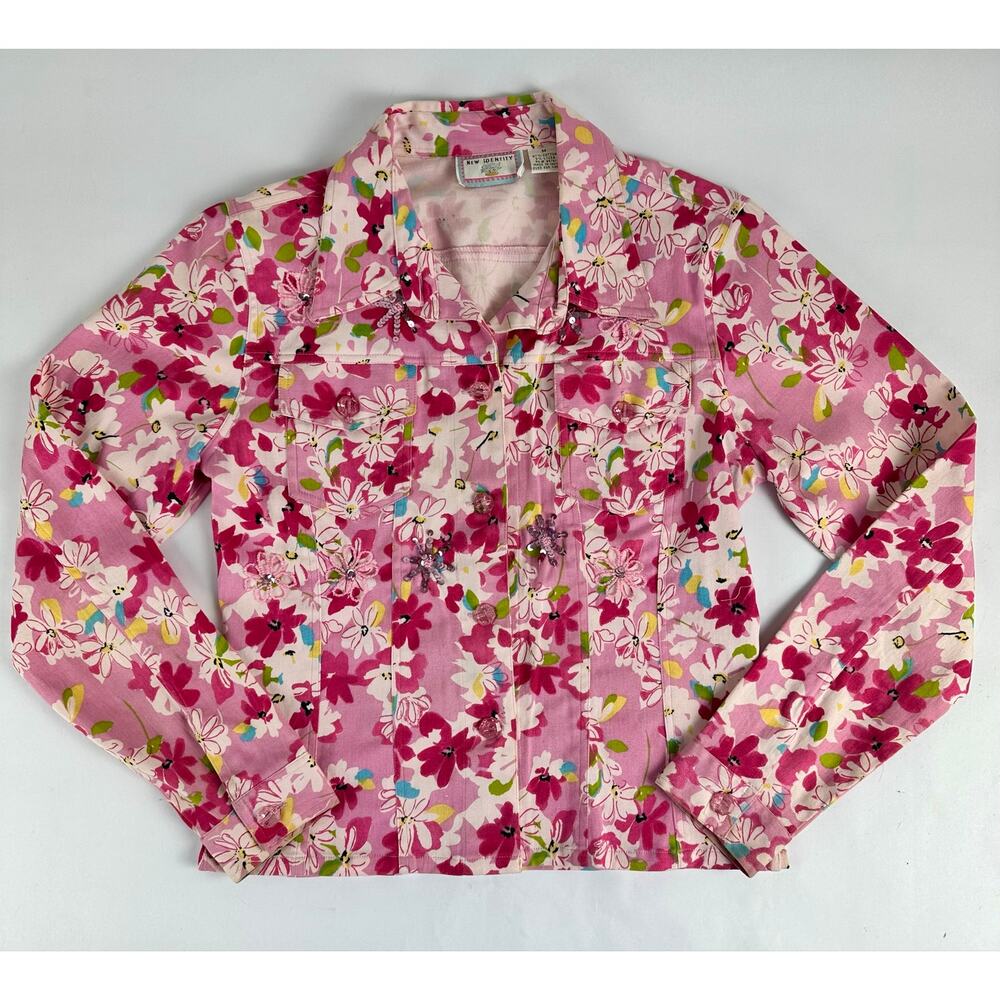 Vintage New Identity Pink Denim Floral Beaded Sequin Jacket Size Medium Barbie